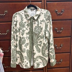 Zara Cream and Green Paisley Button Down Shirt never worn linen blend